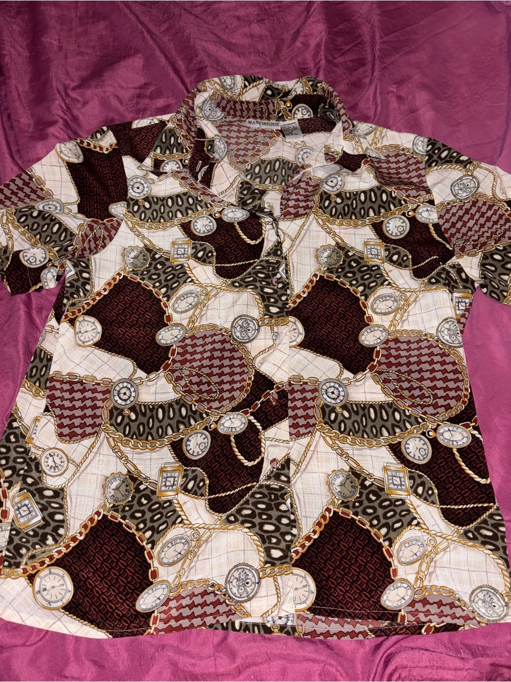 Men's Patterned Short-Sleeve Button-Down Shirt in Burgundy, Black & Cream